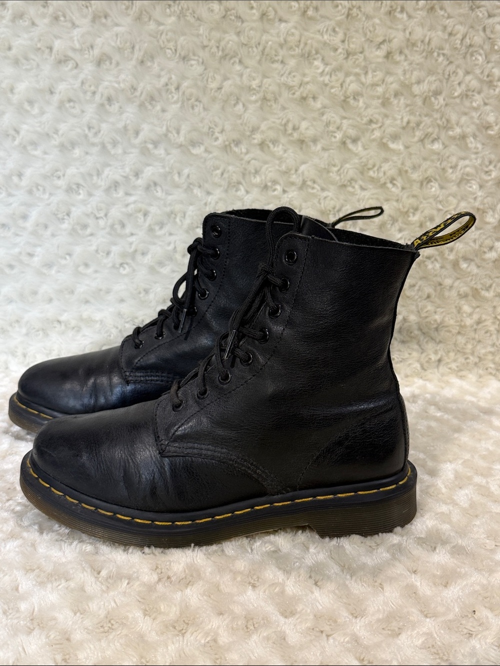 Dr. Martens Pascal Black Leather Lace-Up Combat Boots, size 8 women’s